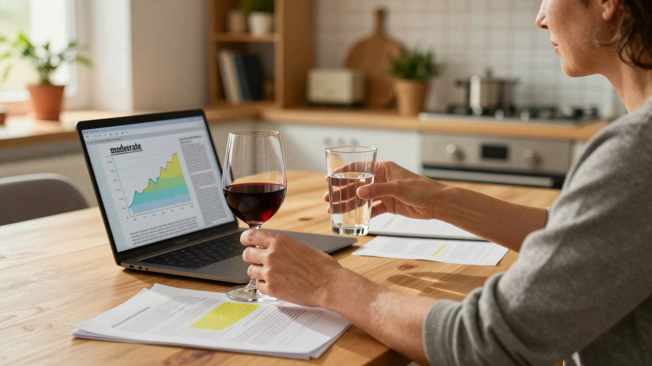 Pessoa sentada à mesa com copo de vinho tinto e copo de água, computador portátil com gráfico e documentos.