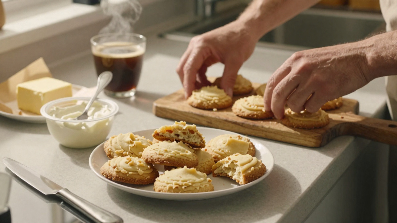 Mãos a colocar bolachas com cobertura cremosa num tabuleiro, com café, manteiga e creme ao lado.