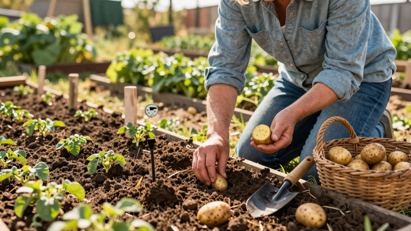 Pessoa a plantar batatas numa horta com cesta de batatas ao lado e terra arada.