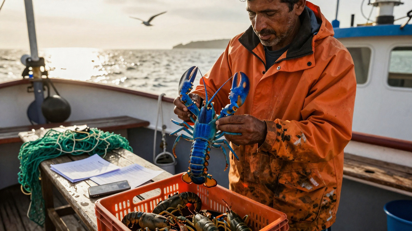 Pescador a segurar uma lagosta azul num barco com lagostas num contentor e mar ao fundo ao pôr do sol.