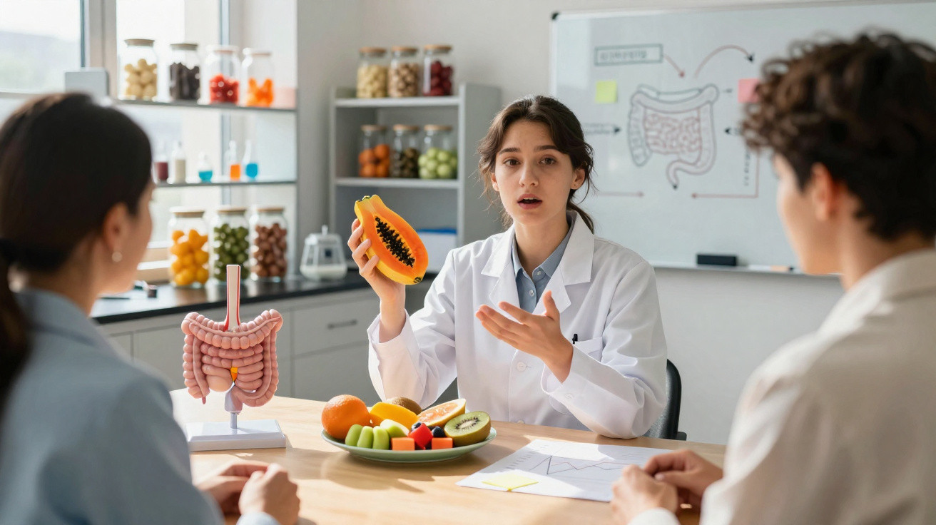 Nutricionista explica benefícios de fruta e sistema digestivo a casal em consulta num consultório moderno.