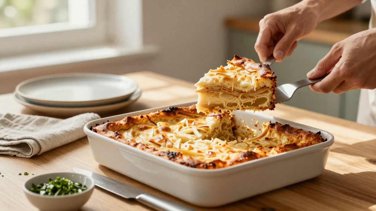 Pessoa a servir uma fatia de lasanha com queijo gratinado numa travessa branca sobre mesa de madeira.