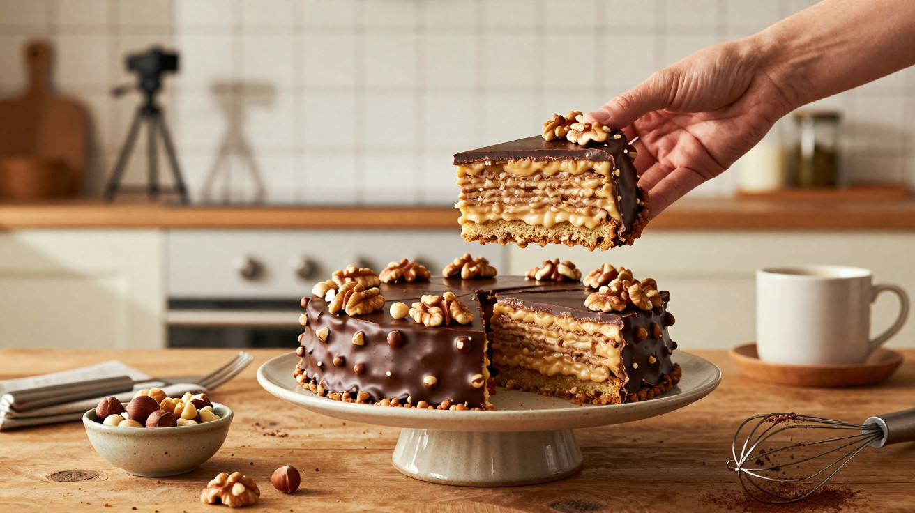 Bolo com camadas de creme, coberto com chocolate e nozes, numa cozinha moderna.