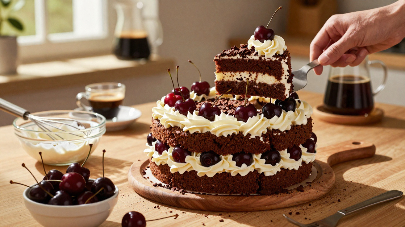 Bolo de chocolate com chantilly e cerejas, fatia a ser servida numa cozinha iluminada.