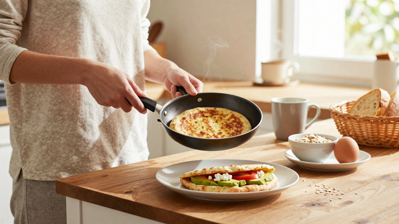 Pessoa a cozinhar omelete numa frigideira numa cozinha luminosa com pão, ovo e chávena à vista.