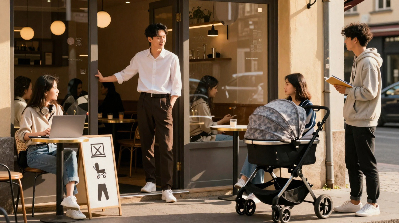 Pessoas numa esplanada de café, com carrinho de bebé e um empregado a cumprimentar clientes na entrada.