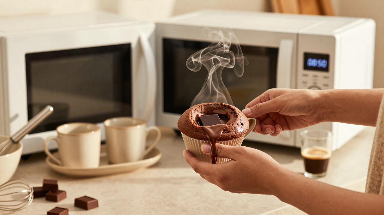 Pessoa a segurar muffin de chocolate quente com barra derretida na cozinha, micro-ondas ao fundo.