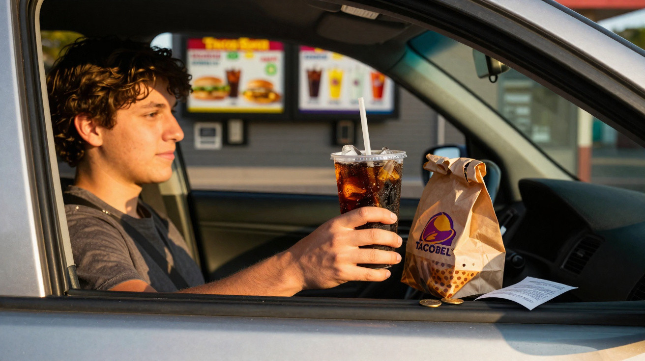 Homem num carro a receber bebida e saco de comida do Taco Bell no serviço de atendimento por drive-thru.
