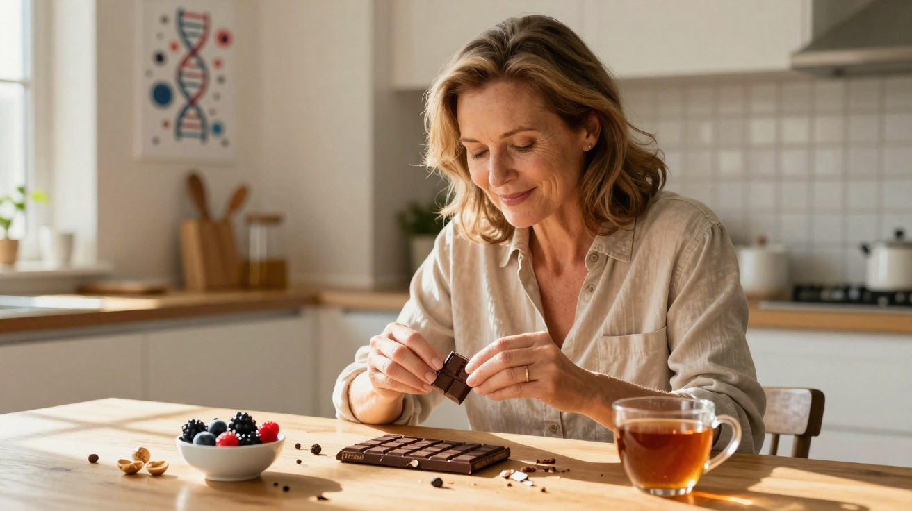 Mulher sorridente a partir uma barra de chocolate sentada à mesa com chá e frutos silvestres na cozinha.