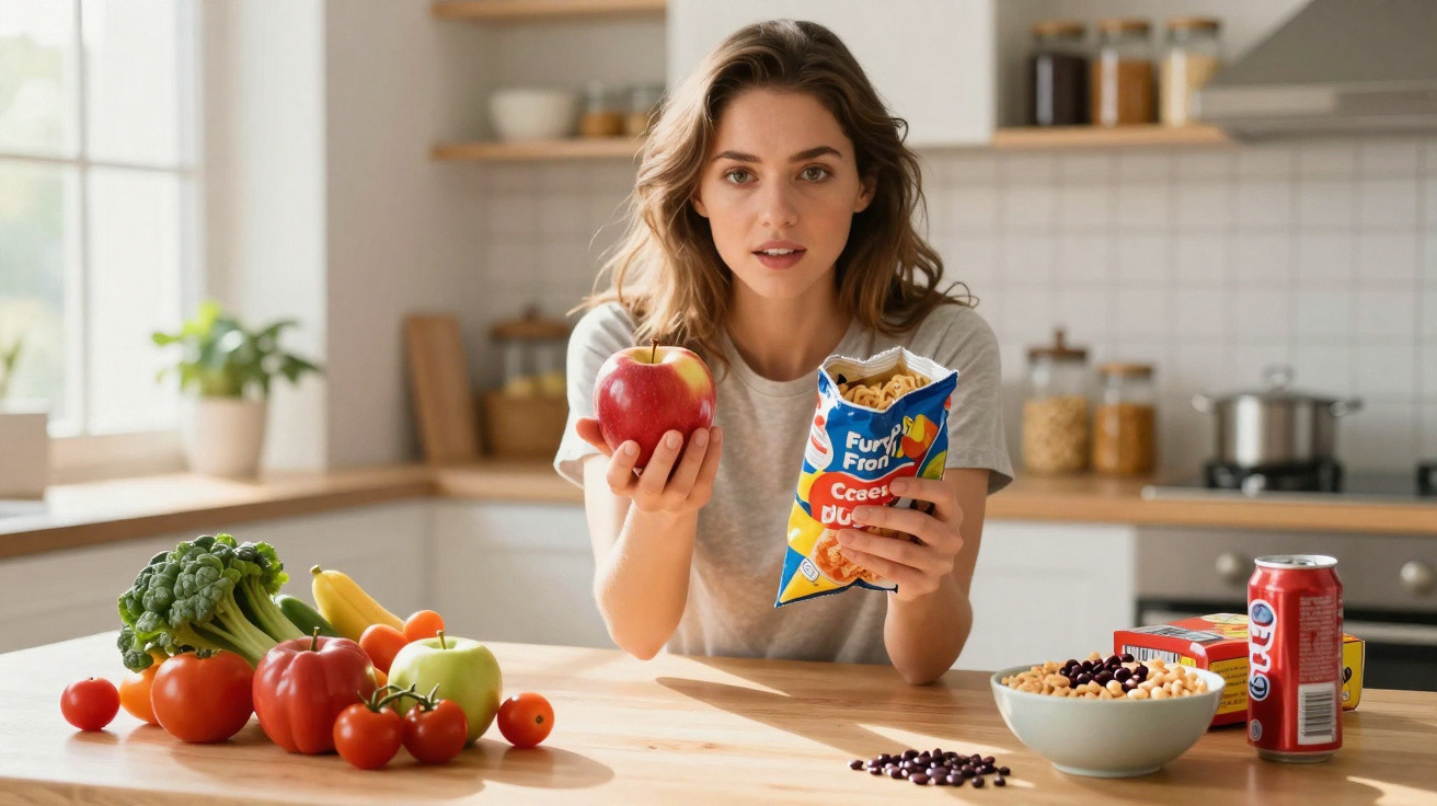 Mulher na cozinha segurando maçã e pacote de snacks, com frutas e legumes à sua frente na bancada.