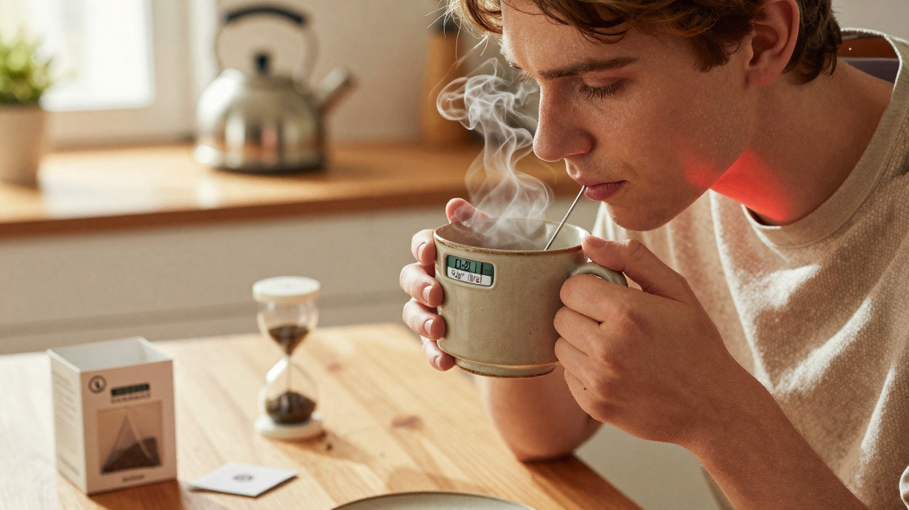 Jovem a beber chá quente numa caneca com infusor, numa cozinha iluminada por luz natural.