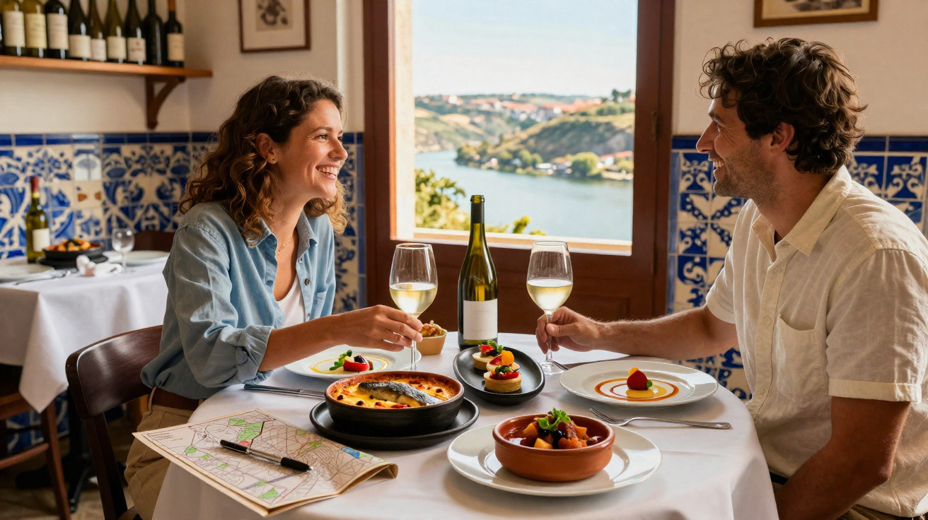Casal a brindar com vinho branco numa mesa com pratos típicos portugueses junto a janela com vista para rio.