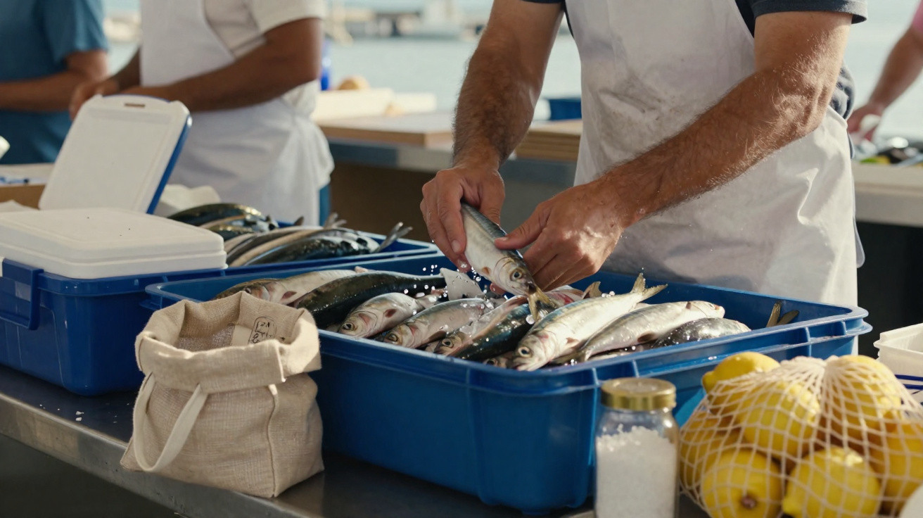 Pessoa a manusear peixe fresco numa banca de mercado com limões e temperos ao lado.