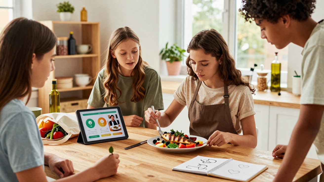 Crianças a cozinhar e seguir receita numa cozinha moderna com legumes e tablet sobre a mesa.
