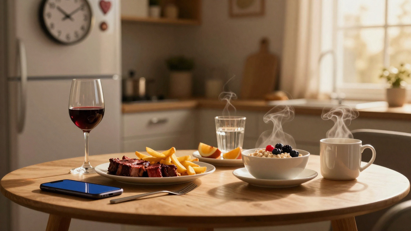 Mesa de cozinha com prato de carne e batatas, fruta, taça de vinho, tigela e caneca de bebida quente.