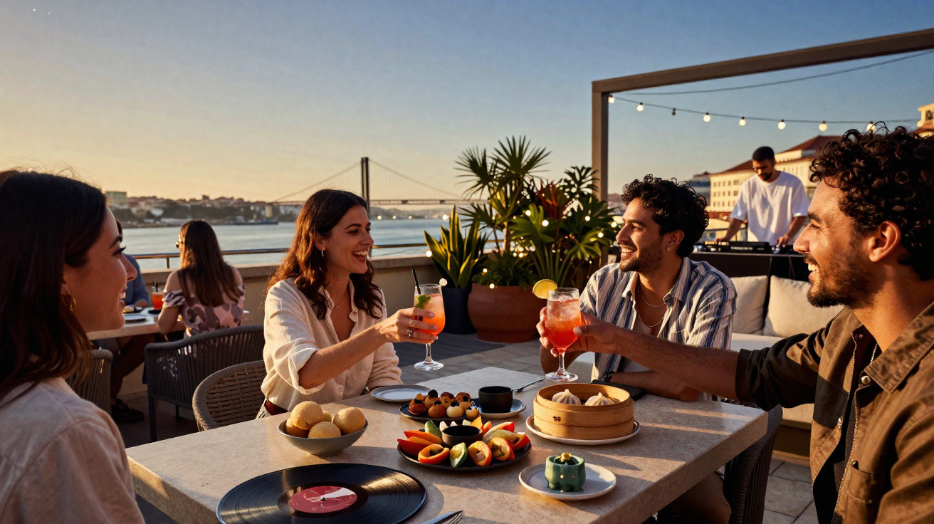 Grupo de amigos a brindar com cocktails num terraço ao pôr do sol com vista para ponte e rio.