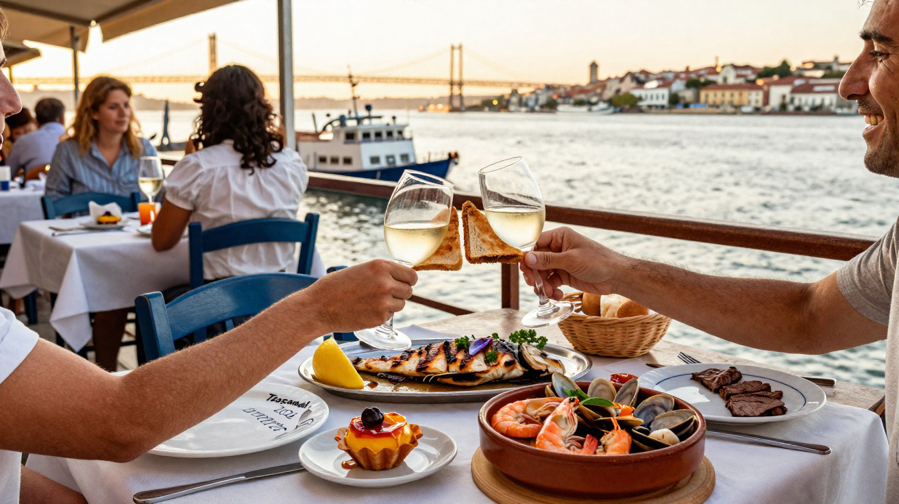 Pessoas brindam com copos de vinho branco numa mesa com marisco, peixe grelhado e sobremesa junto ao rio.