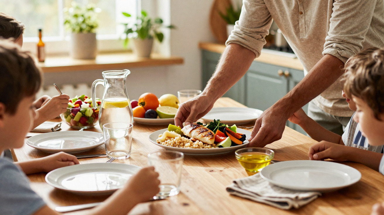 Pessoa a servir prato com comida saudável numa mesa onde crianças esperam para comer.