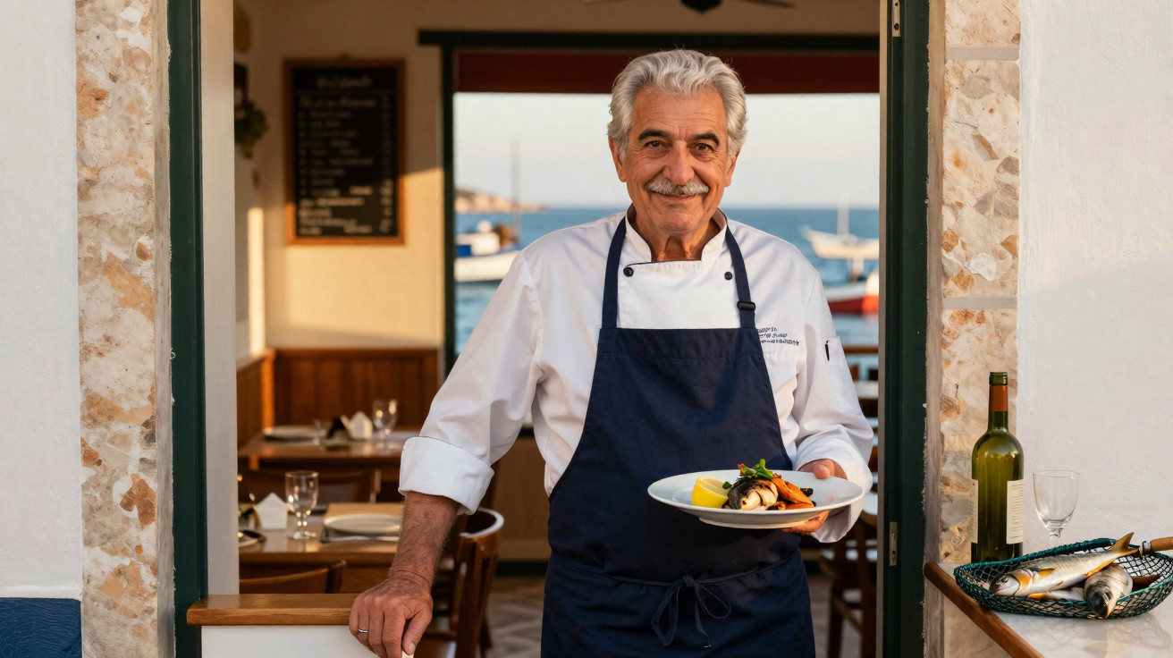 Chefe de cozinha sorridente com avental azul segura prato de frutos do mar num restaurante à beira-mar.