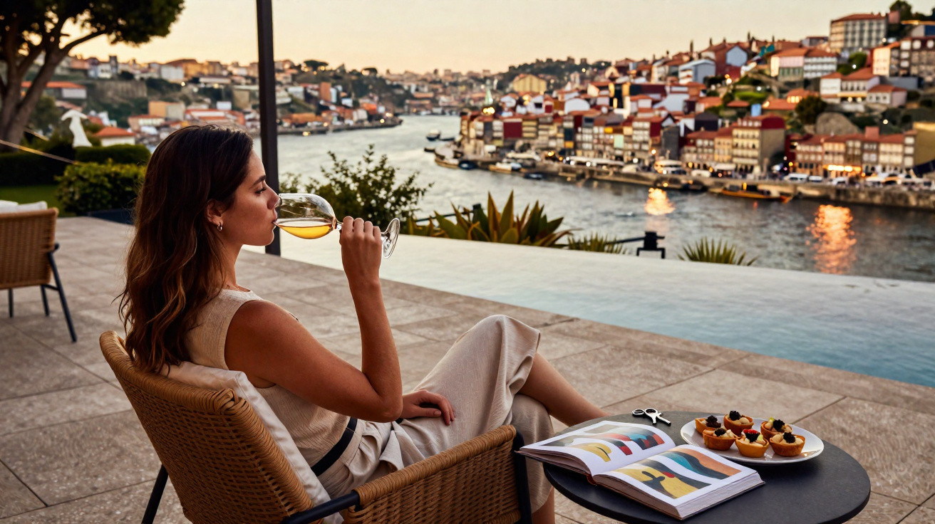 Mulher sentada a beber vinho, com vista para o rio Douro e a cidade ao pôr do sol.