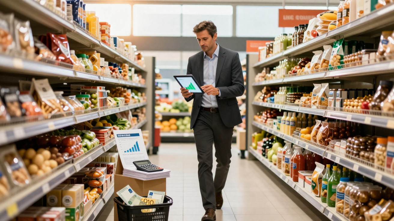 Homem de fato a analisar gráficos em tablet num corredor de supermercado com prateleiras cheias de alimentos e bebidas.