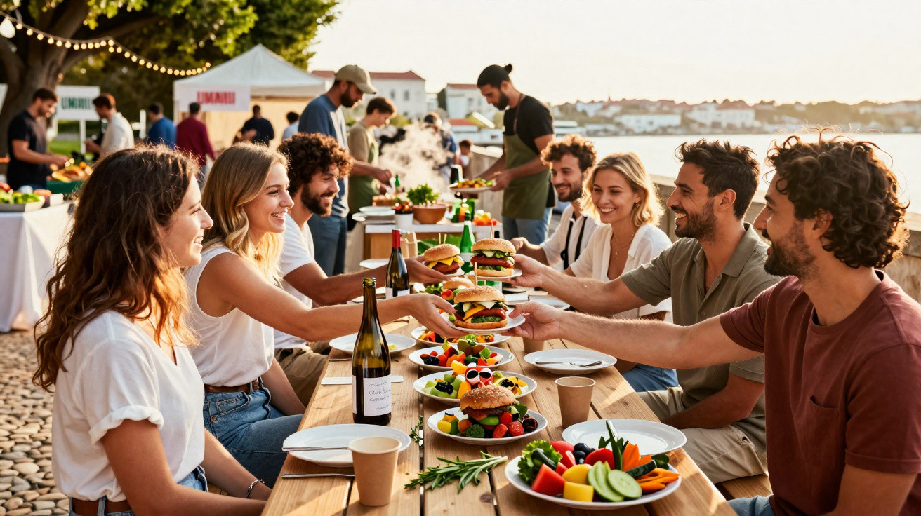 Grupo de amigos a desfrutar de hambúrgueres e comida colorida numa festa ao ar livre ao pôr do sol.