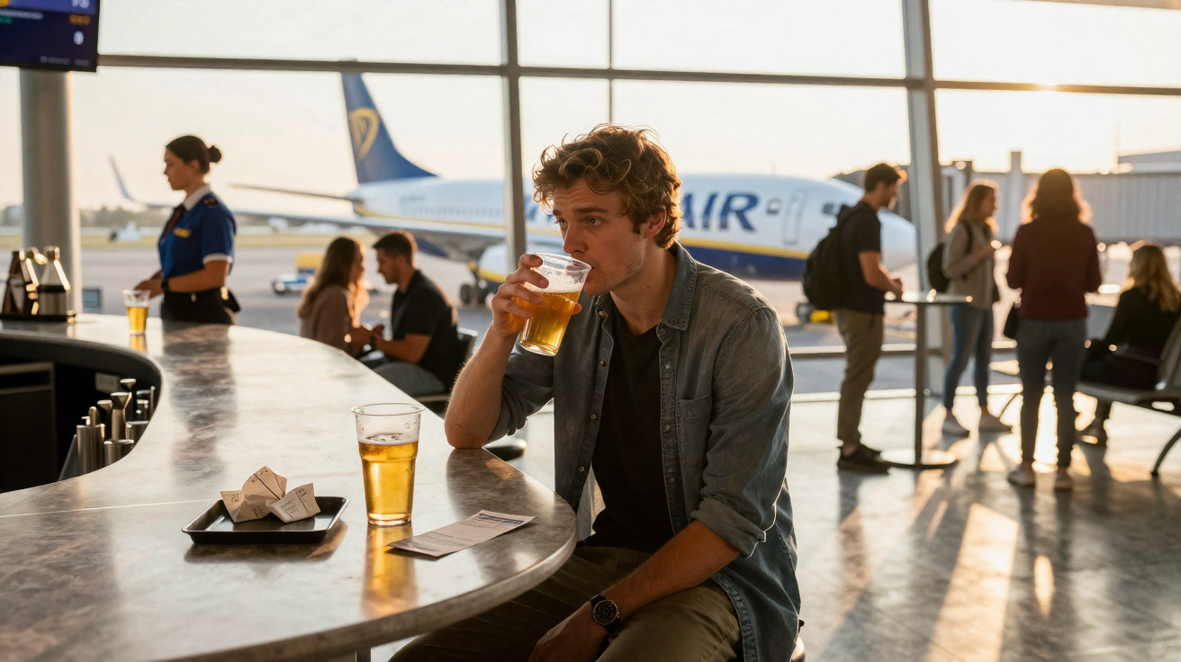 Homem bebe cerveja sentado num bar de aeroporto com avião visível ao fundo durante o pôr do sol.