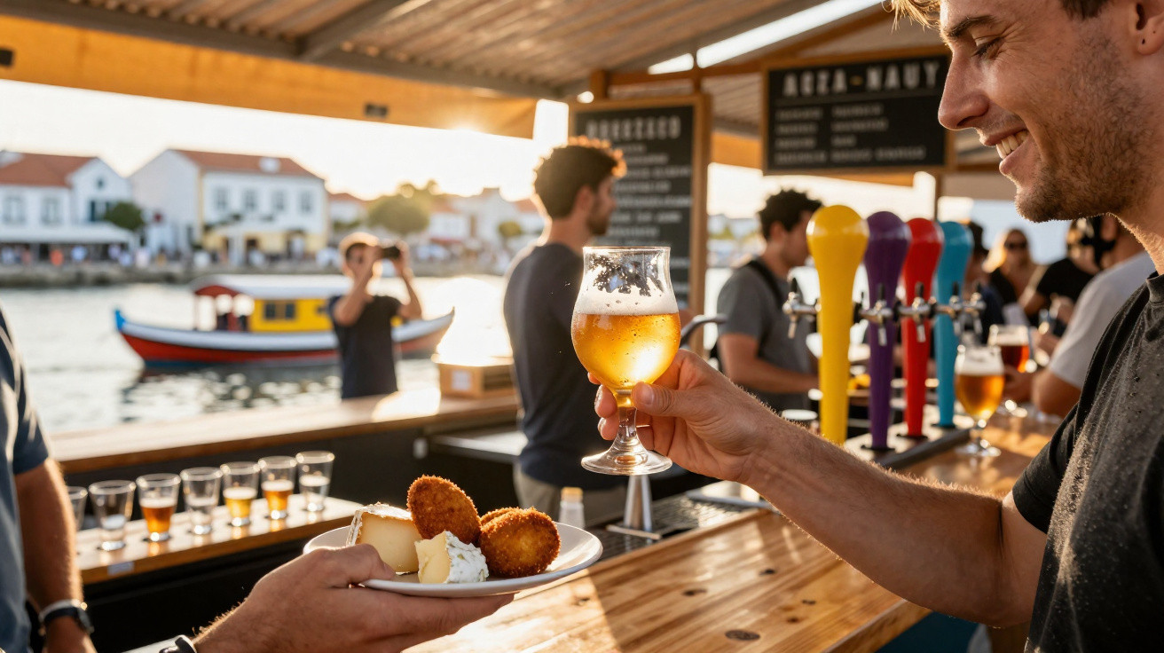 Pessoa a brindar com copo de cerveja num bar junto a um rio com petiscos numa mão.