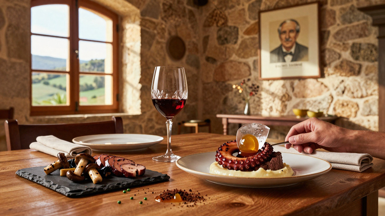 Mesa rústica com prato de polvo, puré, vinho tinto e decoração numa sala de pedra com janela e quadro.