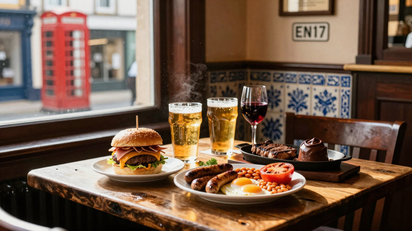 Mesa com hambúrguer, pequeno-almoço inglês, bife, cerveja e copo de vinho num restaurante junto a janela.