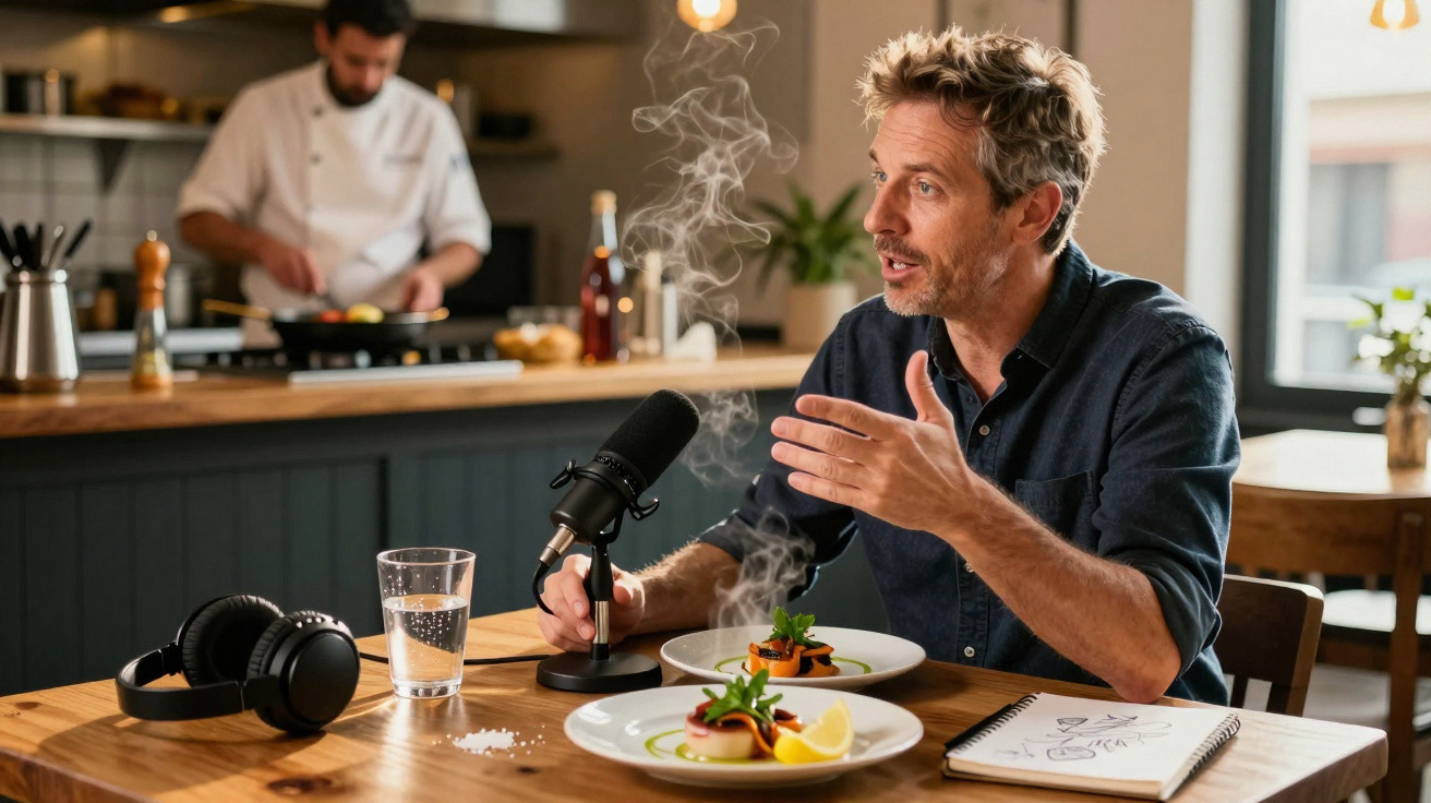 Homem a gravar podcast gastronómico numa cozinha com pratos de comida e chef ao fundo.