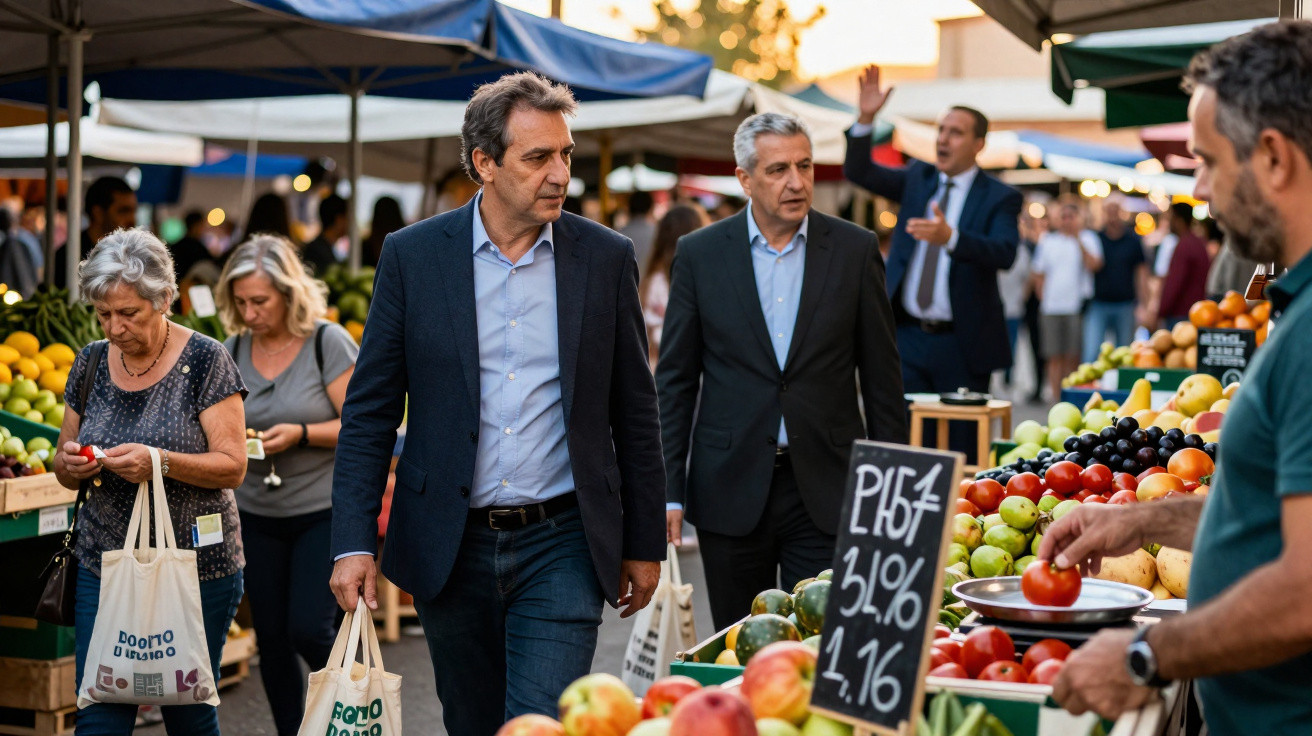 Mercado ao ar livre com pessoas a comprar frutas e legumes frescos ao entardecer.