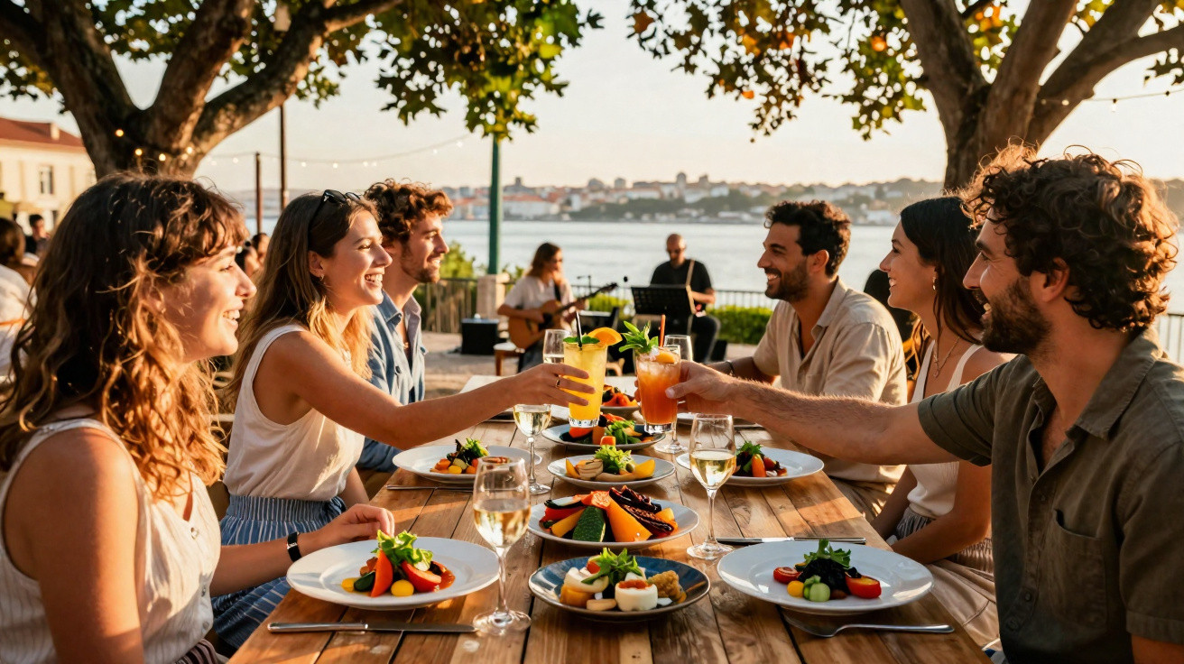Grupo de amigos a brindar numa refeição ao ar livre junto ao rio ao fim da tarde.