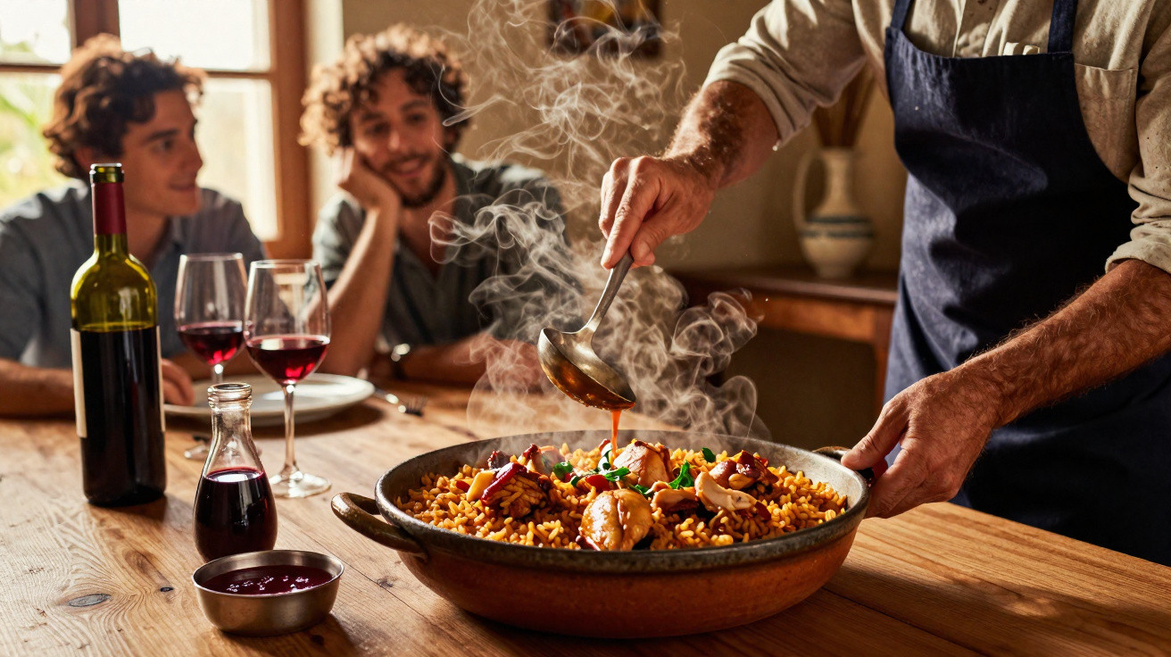 Pessoa a servir paelha fumegante numa mesa com duas pessoas e vinho tinto ao fundo.