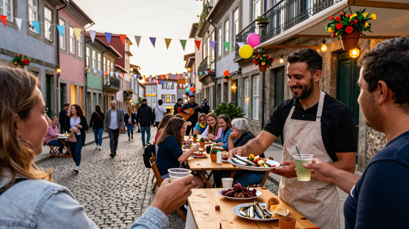 Pessoas a conviver numa festa de rua com decoração colorida e mesas com comida e bebidas ao ar livre.
