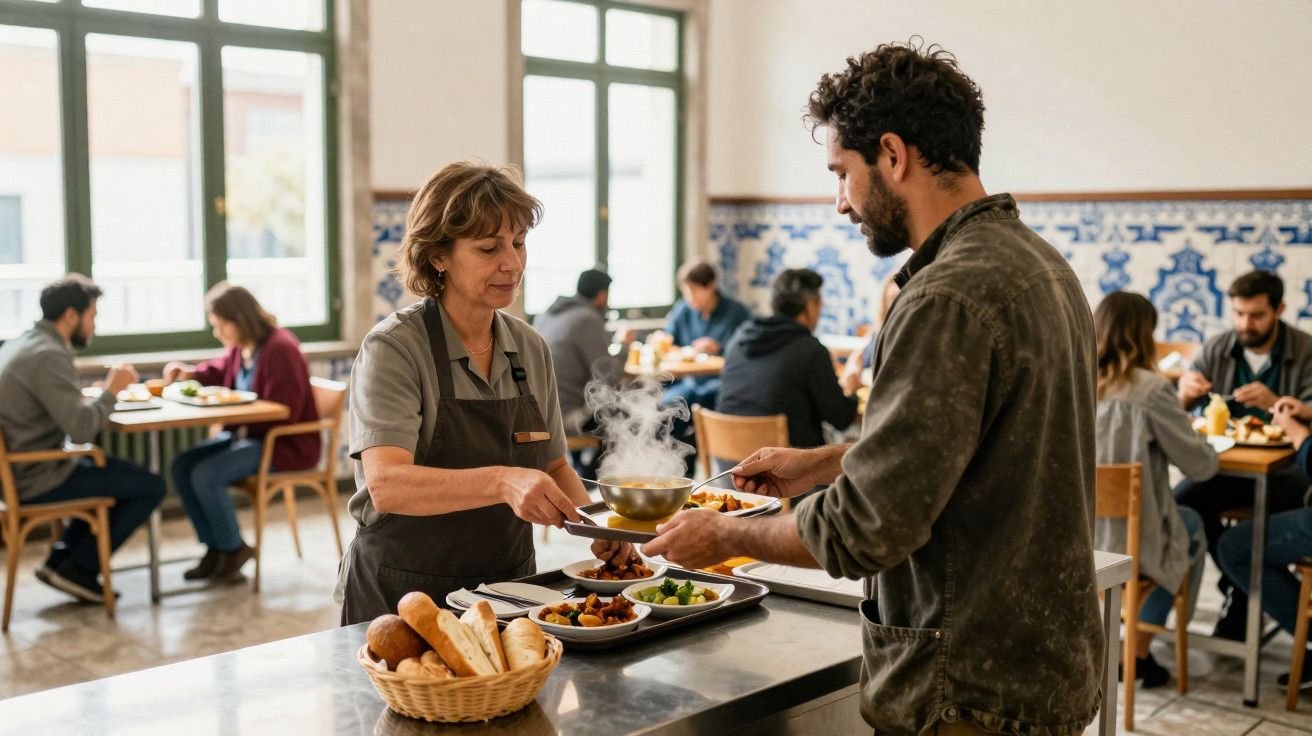 Funcionária a servir comida a cliente numa cantina com outras pessoas a comer ao fundo.