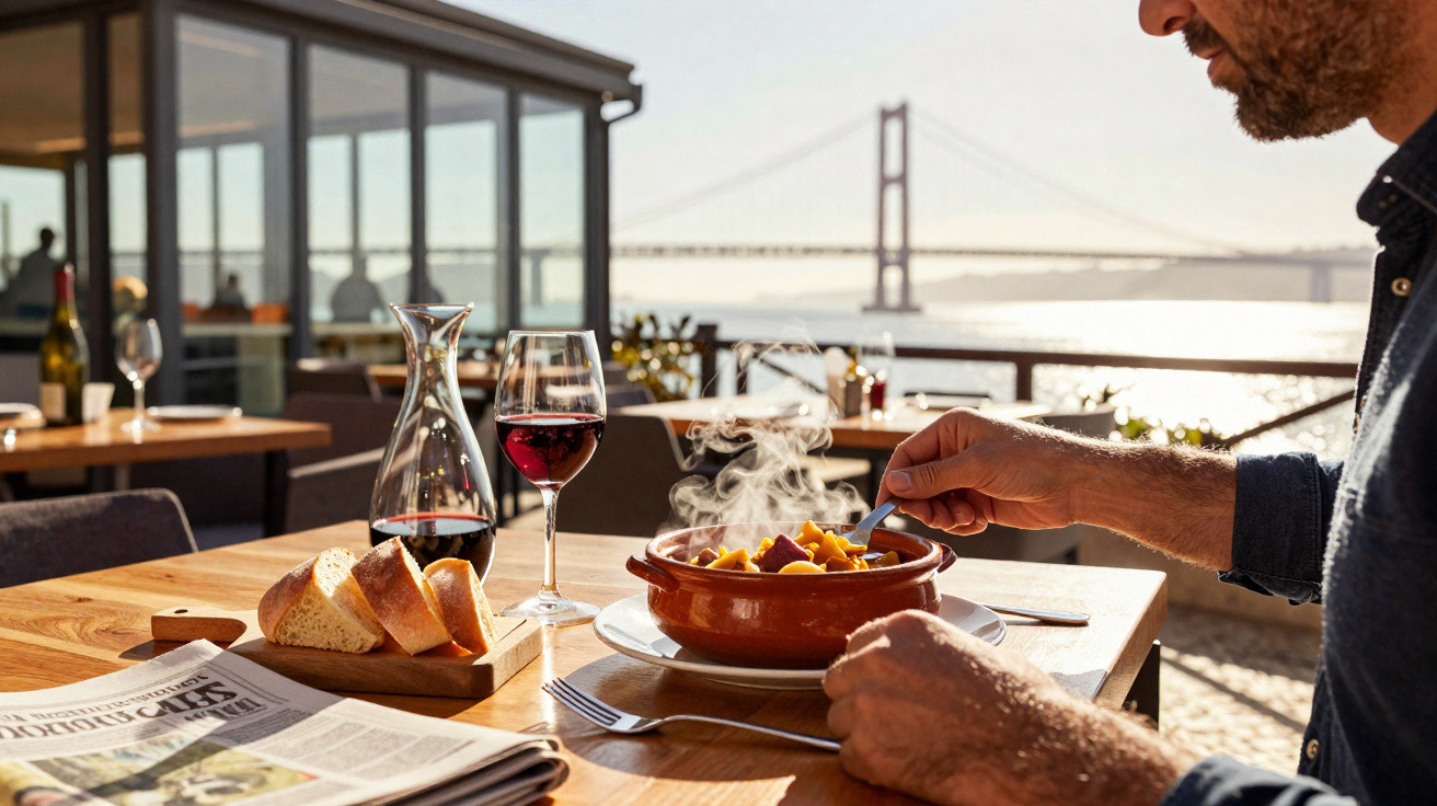 Pessoa a comer sopa quente numa esplanada com vista para uma ponte em dia ensolarado.
