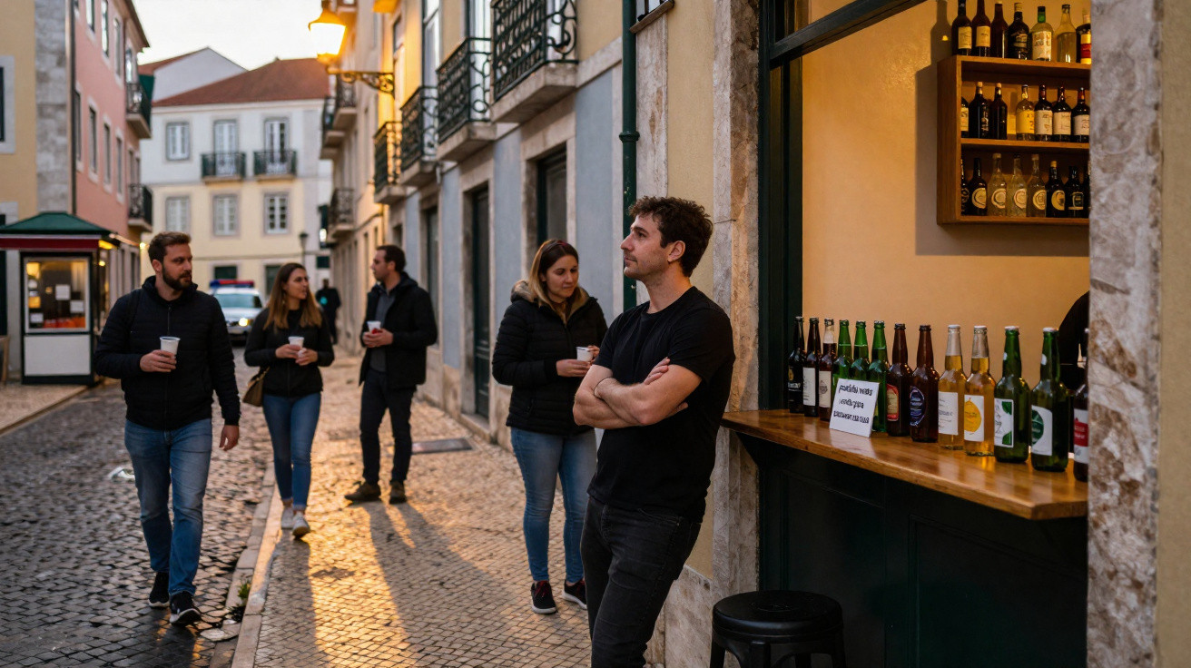 Grupo de pessoas com bebidas a caminhar e socializar numa rua de calçada em área urbana ao entardecer.