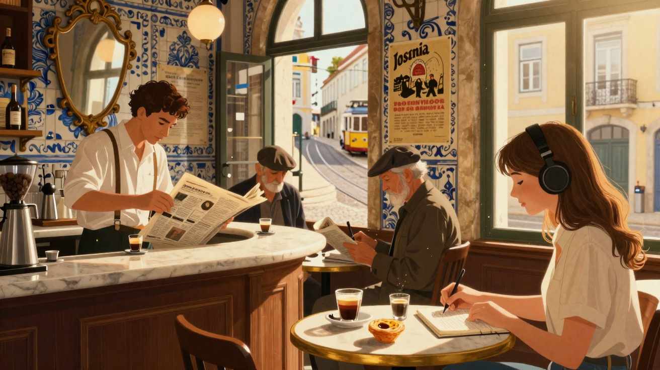 Interior de café tradicional português com azulejos, três homens e uma mulher a ler e escrever, e vista para rua com elétrico