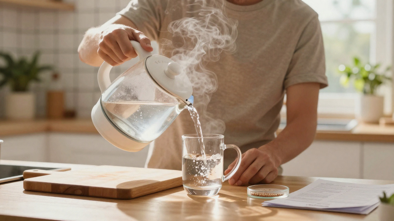 Pessoa a servir água quente fumegante de jarro elétrico para chávena transparente na cozinha iluminada.