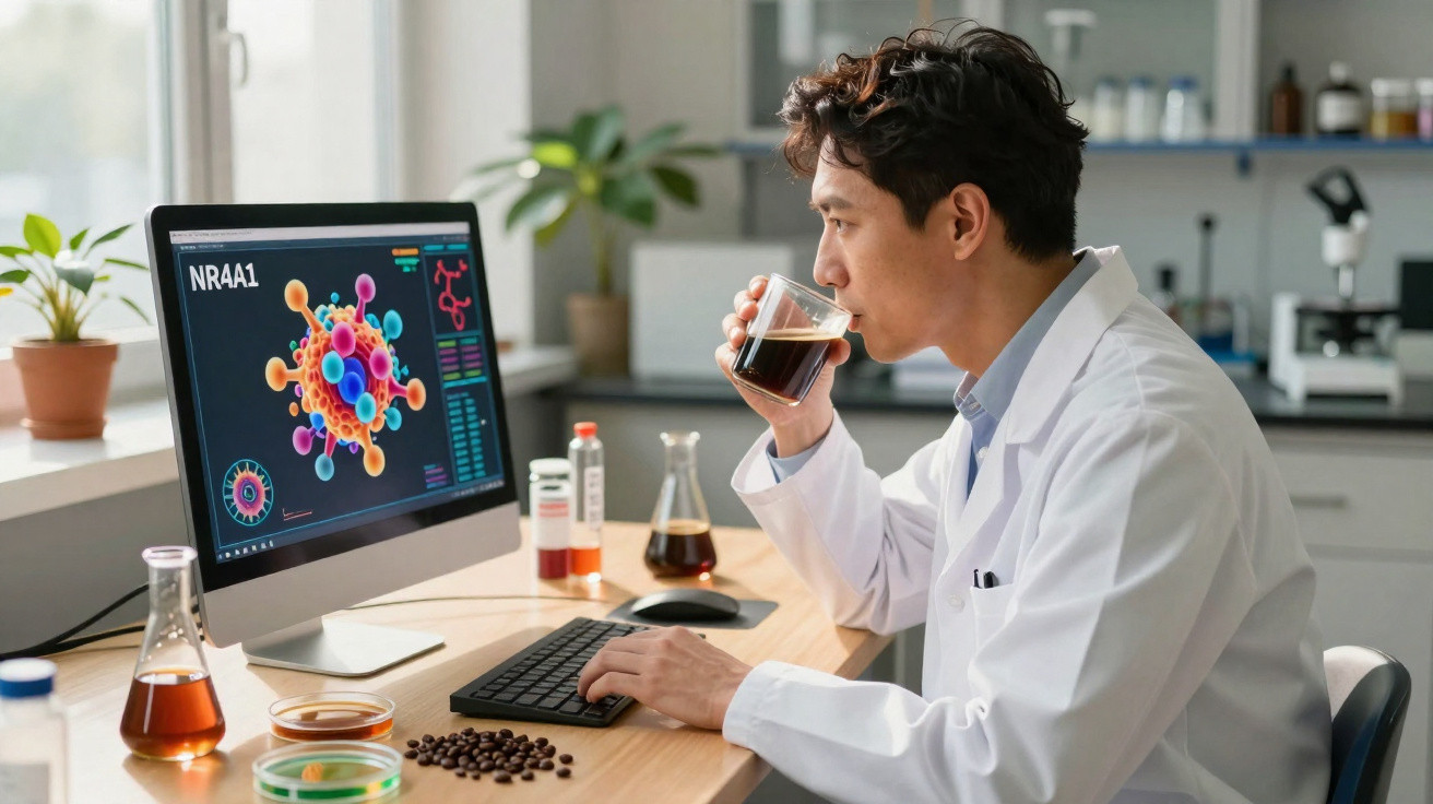 Cientista em laboratório com bata branca analisa imagem molecular no computador enquanto bebe café.