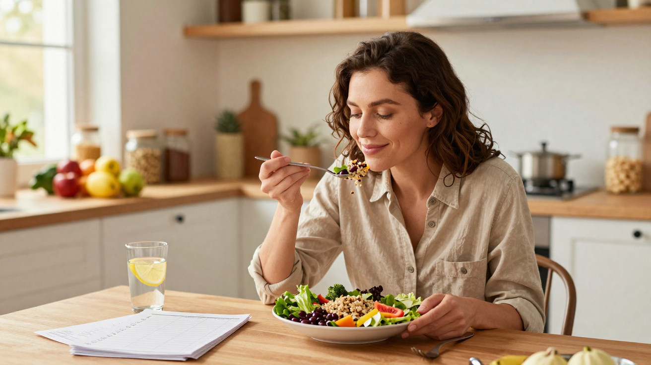 Mulher a saborear uma salada saudável sentada à mesa da cozinha com copo de água e caderno.