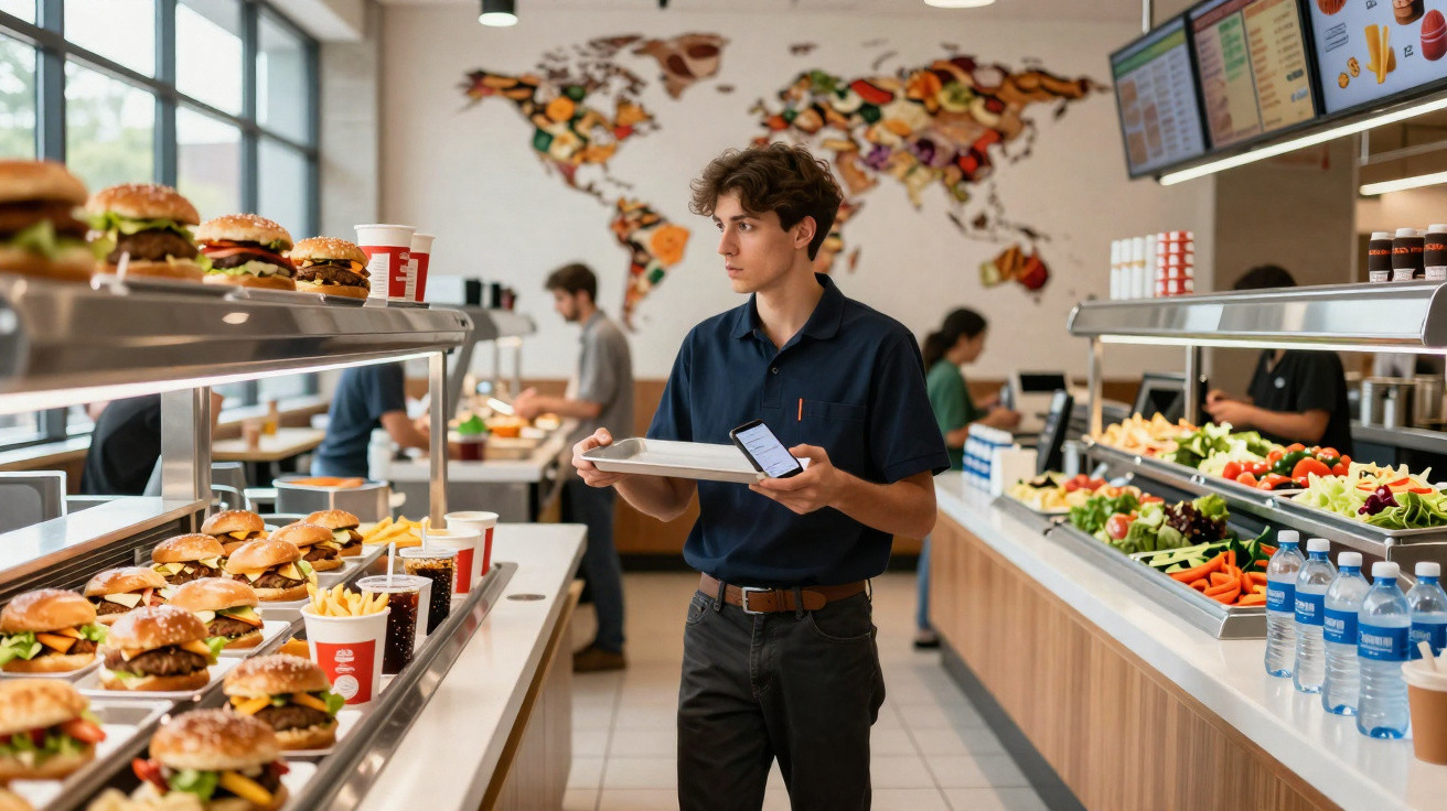 Jovem a escolher hambúrgueres num restaurante self-service com opções de saladas e bebidas.