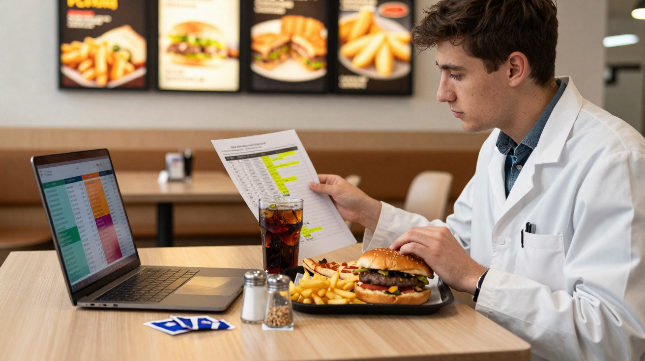 Homem de bata branca analisa documentos ao lado de computador com hambúrguer, batatas e refrigerante numa mesa.