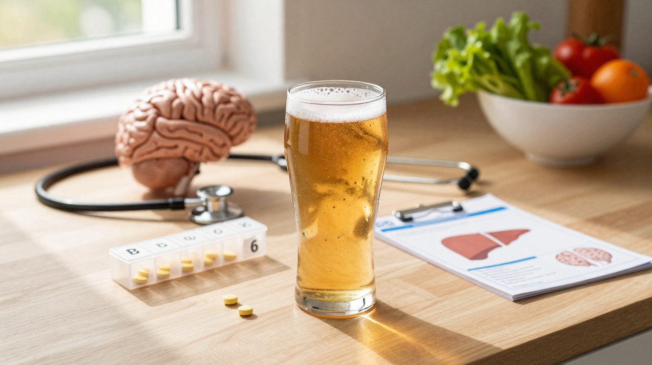 Copo de cerveja numa mesa com modelo de cérebro, estetoscópio, comprimidos e ilustração de fígado e cérebro.