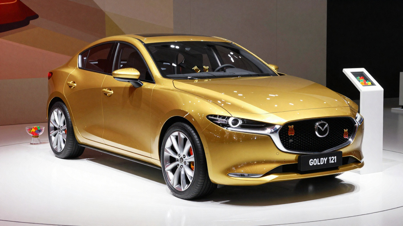 Carro sedan dourado brilhante Mazda Goldy 121 exposto num salão de automóveis moderno.
