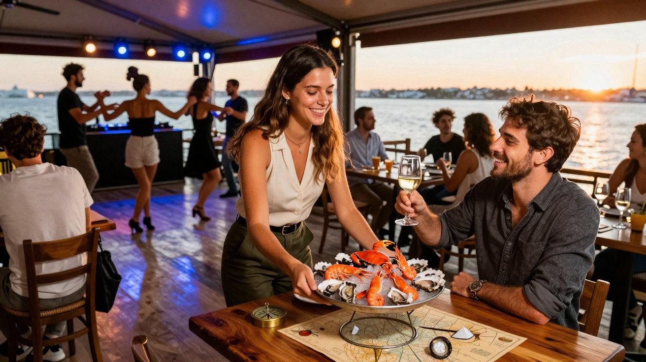 Mulher serve marisco a homem que levanta copo de vinho num restaurante à beira-mar ao pôr do sol.