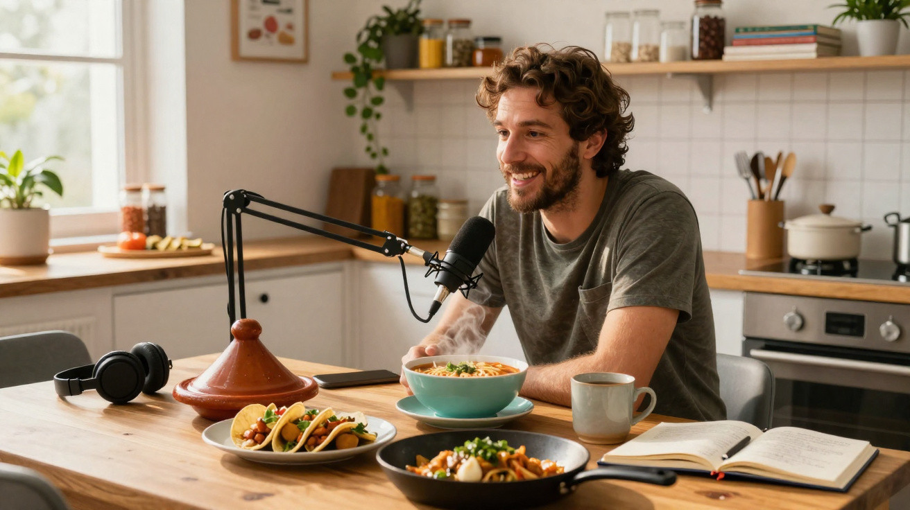 Homem sorridente a gravar podcast na cozinha com comida e livro aberto na mesa.