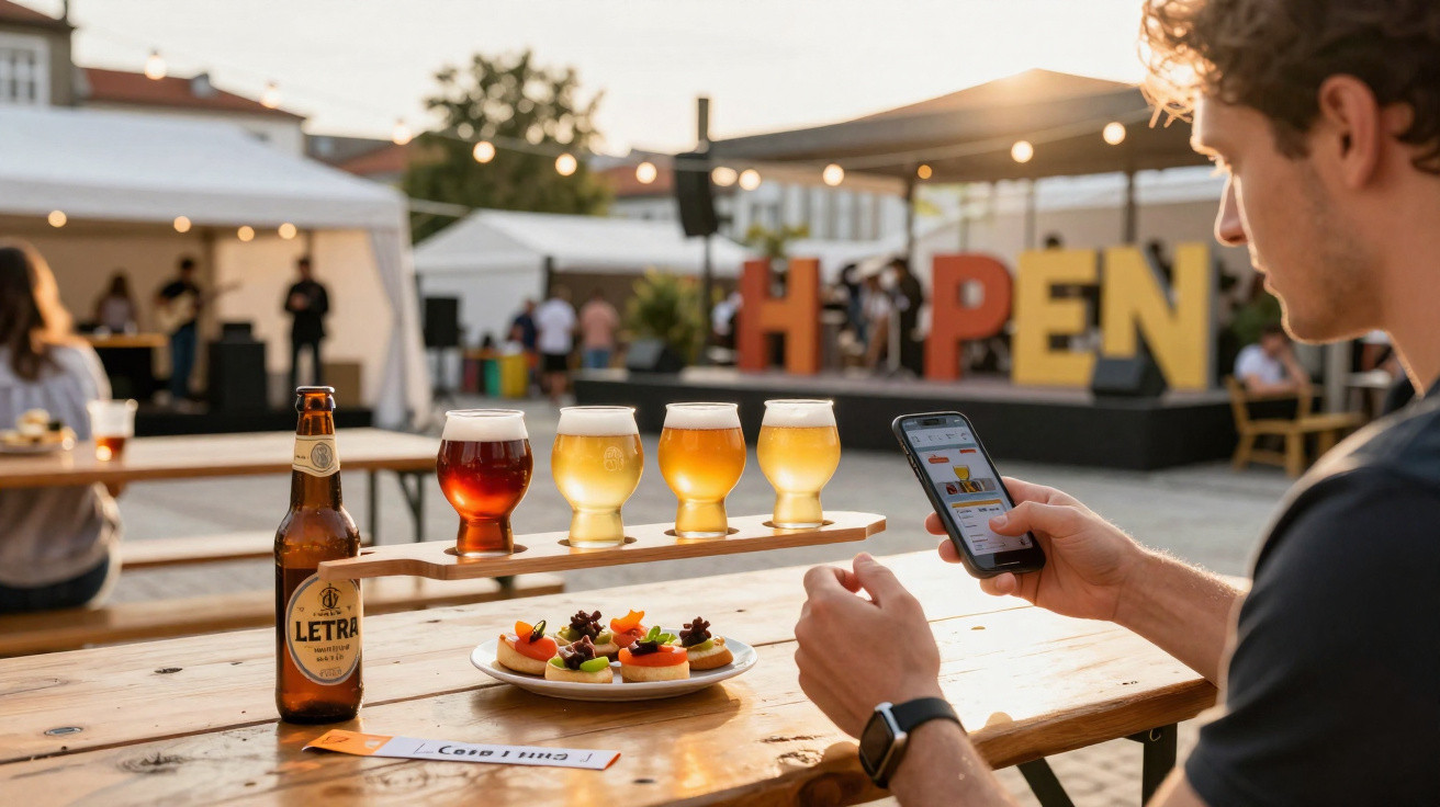 Homem sentado numa mesa ao ar livre com várias cervejas e petiscos, a usar telemóvel num evento.
