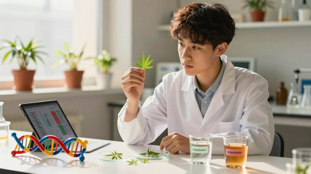 Cientista jovem analisa folha verde em laboratório com equipamento e modelo de DNA colorido.